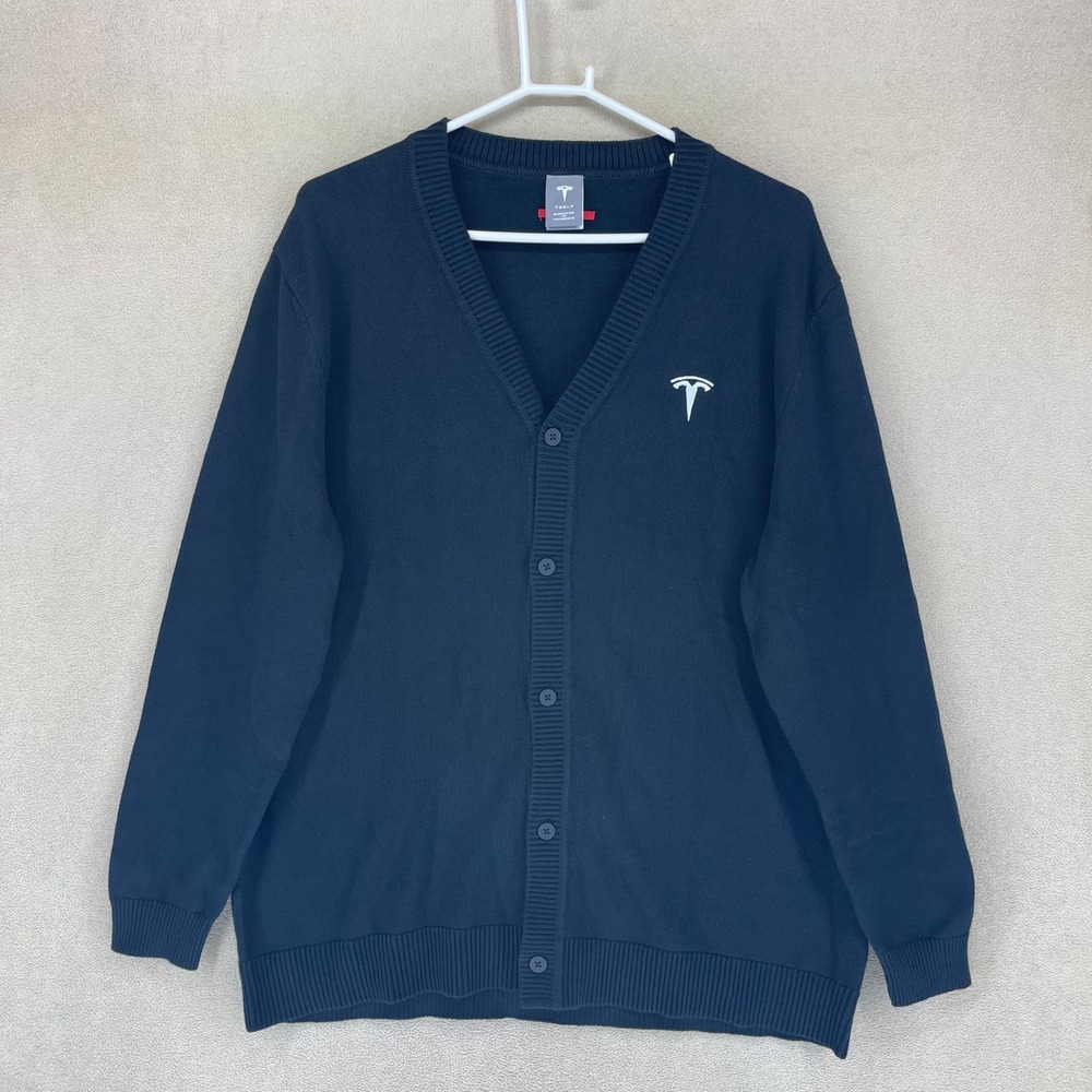 Tesla Men's V Neck Knit Cardigan Sweater Black XL Tesla Logo Designed in‎ USA